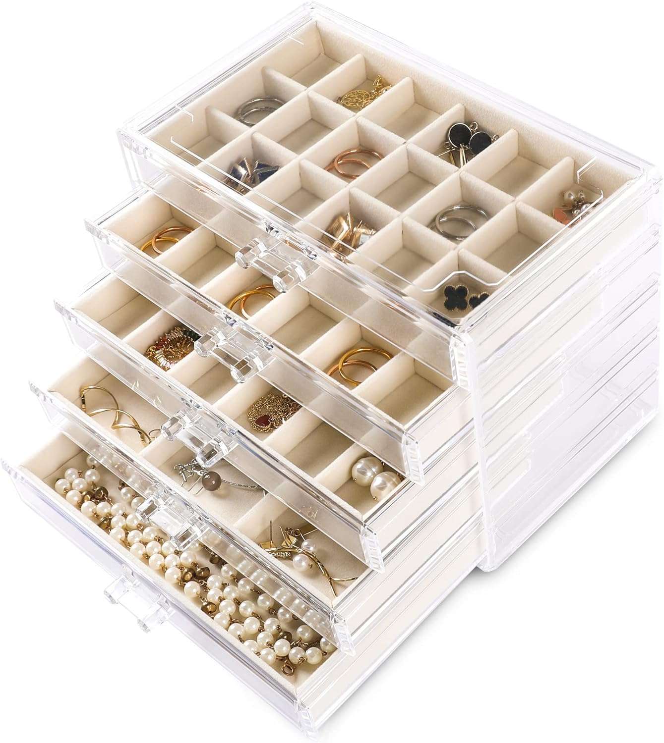 Frebeauty Acrylic Jewelry Organizer Earring Organizer Box with 5 Drawers Earring Holder Organizer with Velvet Trays Clear Jewelry Box for Women Earring Display for Rings Studs - 1