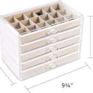 Frebeauty Acrylic Jewelry Organizer Earring Organizer Box with 5 Drawers Earring Holder Organizer with Velvet Trays Clear Jewelry Box for Women Earring Display for Rings Studs - 2