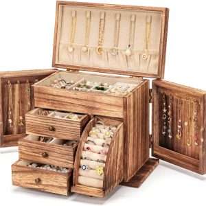 Jewelry Box Organizer, Solid Wood Jewelry Boxes for Women for Storage & Display Necklace Ring Earring Bracelet, Rustic Style Jewelry Organizer Box for Women Gifts - 1