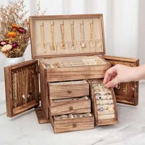 Jewelry Box Organizer, Solid Wood Jewelry Boxes for Women for Storage & Display Necklace Ring Earring Bracelet, Rustic Style Jewelry Organizer Box for Women Gifts - 2