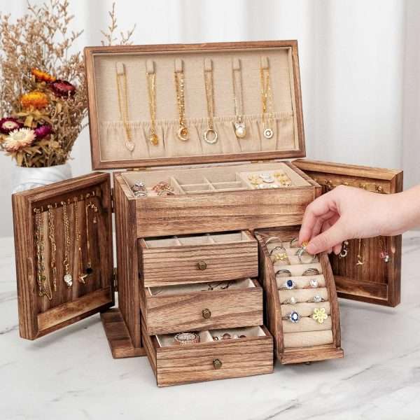 Jewelry Box Organizer, Solid Wood Jewelry Boxes for Women for Storage & Display Necklace Ring Earring Bracelet, Rustic Style Jewelry Organizer Box for Women Gifts - 2