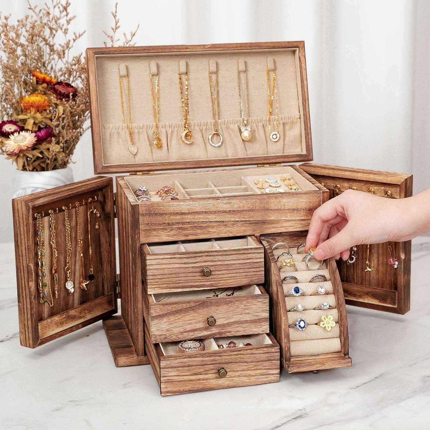 Jewelry Box Organizer, Solid Wood Jewelry Boxes for Women for Storage & Display Necklace Ring Earring Bracelet, Rustic Style Jewelry Organizer Box for Women Gifts - 2