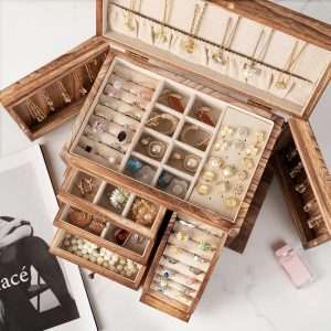 Jewelry Box Organizer, Solid Wood Jewelry Boxes for Women for Storage & Display Necklace Ring Earring Bracelet, Rustic Style Jewelry Organizer Box for Women Gifts - 3
