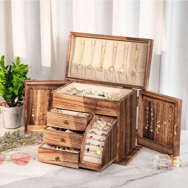 Jewelry Box Organizer, Solid Wood Jewelry Boxes for Women for Storage & Display Necklace Ring Earring Bracelet, Rustic Style Jewelry Organizer Box for Women Gifts - 6