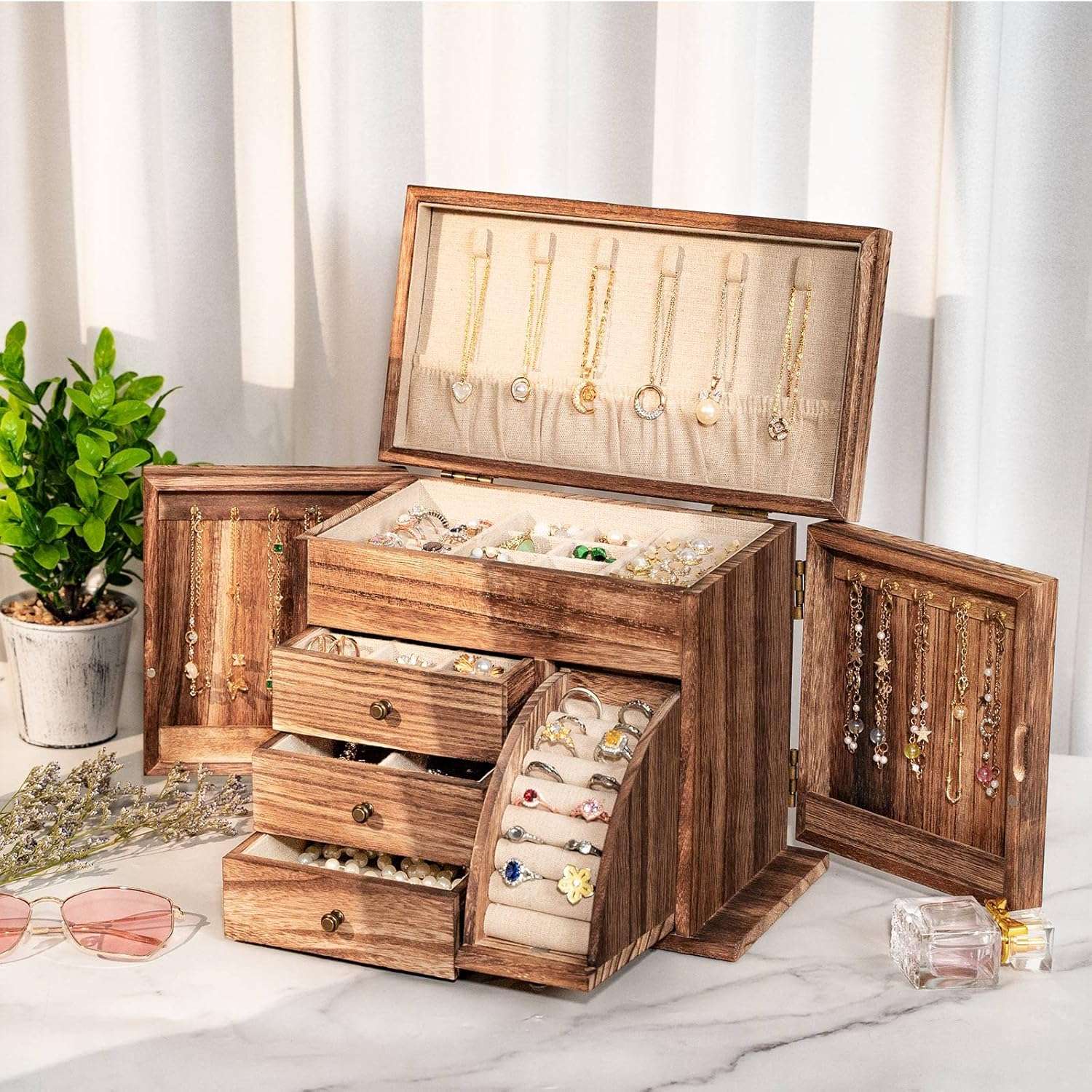 Jewelry Box Organizer, Solid Wood Jewelry Boxes for Women for Storage & Display Necklace Ring Earring Bracelet, Rustic Style Jewelry Organizer Box for Women Gifts - 6