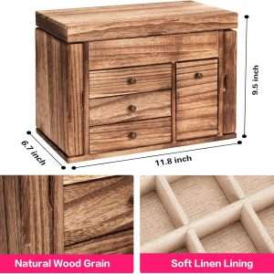 Jewelry Box Organizer, Solid Wood Jewelry Boxes for Women for Storage & Display Necklace Ring Earring Bracelet, Rustic Style Jewelry Organizer Box for Women Gifts - 7