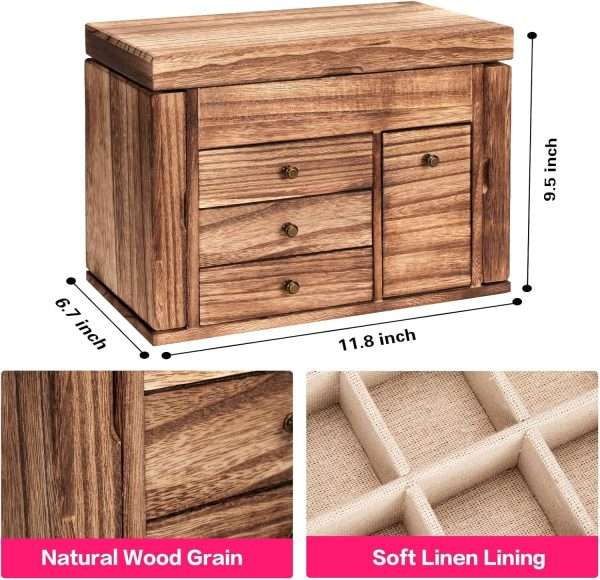 Jewelry Box Organizer, Solid Wood Jewelry Boxes for Women for Storage & Display Necklace Ring Earring Bracelet, Rustic Style Jewelry Organizer Box for Women Gifts - 7
