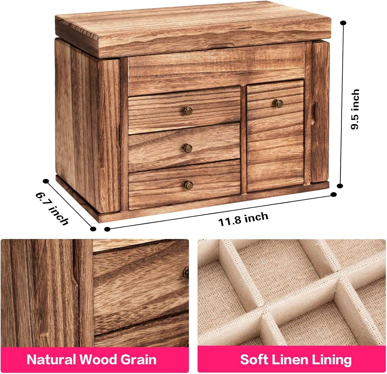 Jewelry Box Organizer, Solid Wood Jewelry Boxes for Women for Storage & Display Necklace Ring Earring Bracelet, Rustic Style Jewelry Organizer Box for Women Gifts - 7