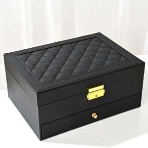 Jewelry Box for Women Girl Wife - Large PU Leather Jewelry Organizer Storage Case with Two Layers Display for Earrings Bracelets Rings Watches (Black) - 1