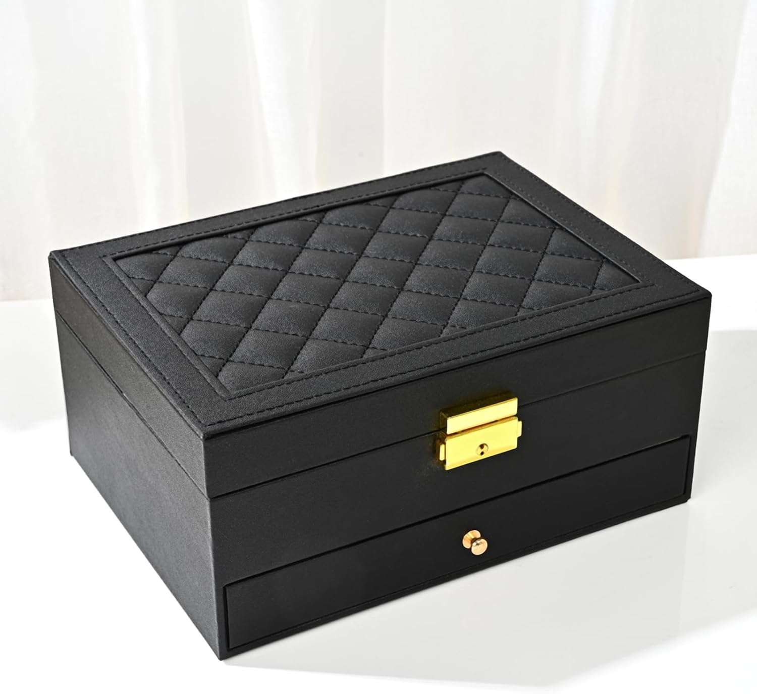 Jewelry Box for Women Girl Wife - Large PU Leather Jewelry Organizer Storage Case with Two Layers Display for Earrings Bracelets Rings Watches (Black) - 1