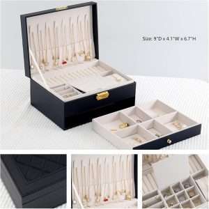 Jewelry Box for Women Girl Wife - Large PU Leather Jewelry Organizer Storage Case with Two Layers Display for Earrings Bracelets Rings Watches (Black) - 3
