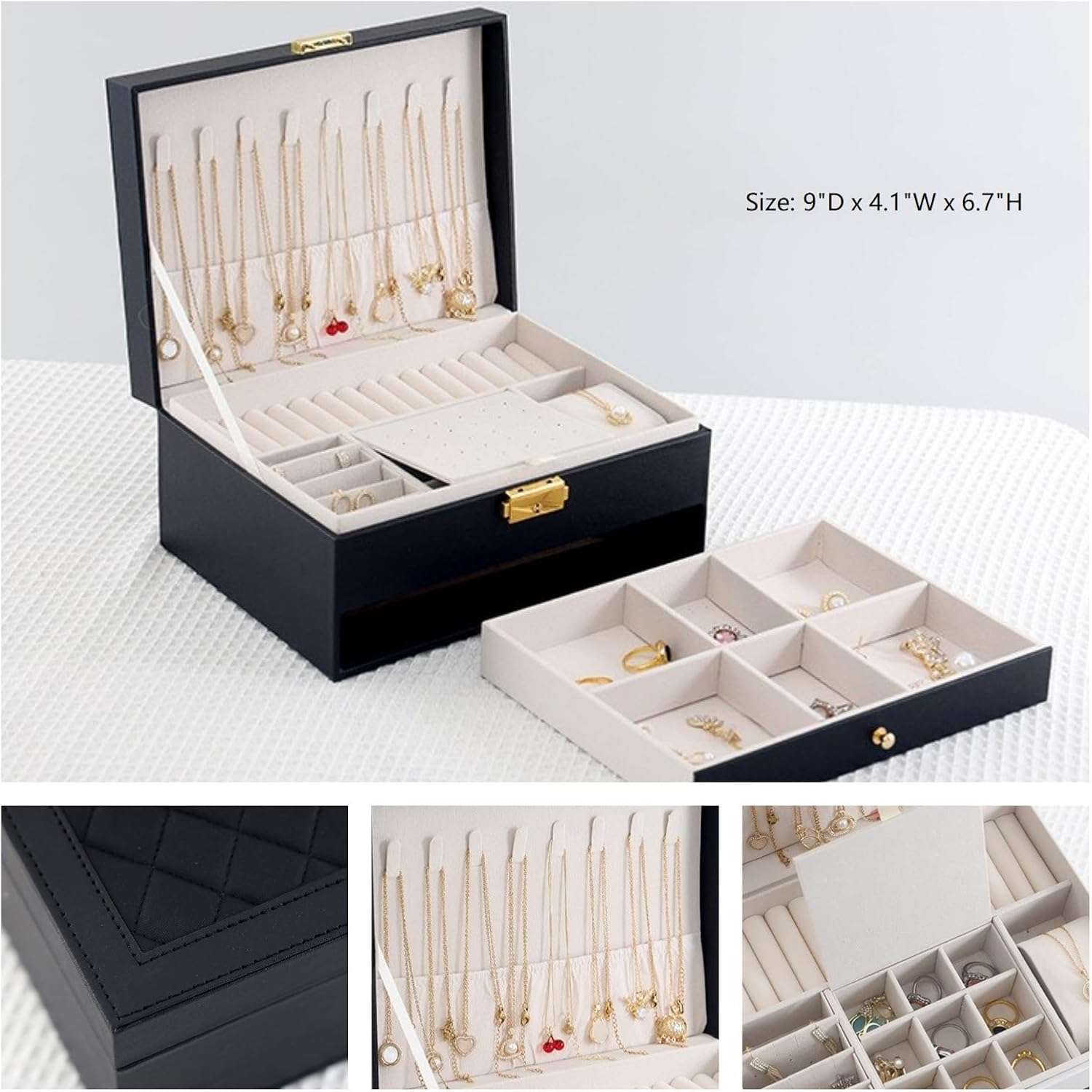 Jewelry Box for Women Girl Wife - Large PU Leather Jewelry Organizer Storage Case with Two Layers Display for Earrings Bracelets Rings Watches (Black) - 3