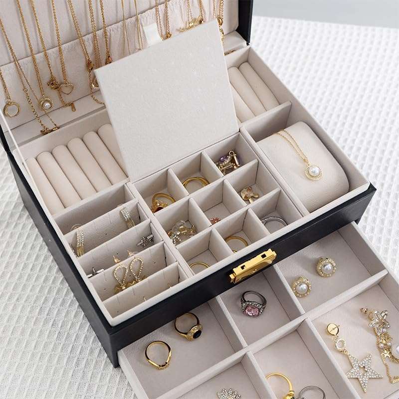 Jewelry Box for Women Girl Wife - Large PU Leather Jewelry Organizer Storage Case with Two Layers Display for Earrings Bracelets Rings Watches (Black) - 5