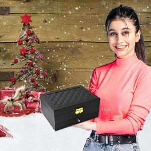 Jewelry Box for Women Girl Wife - Large PU Leather Jewelry Organizer Storage Case with Two Layers Display for Earrings Bracelets Rings Watches (Black) - 7