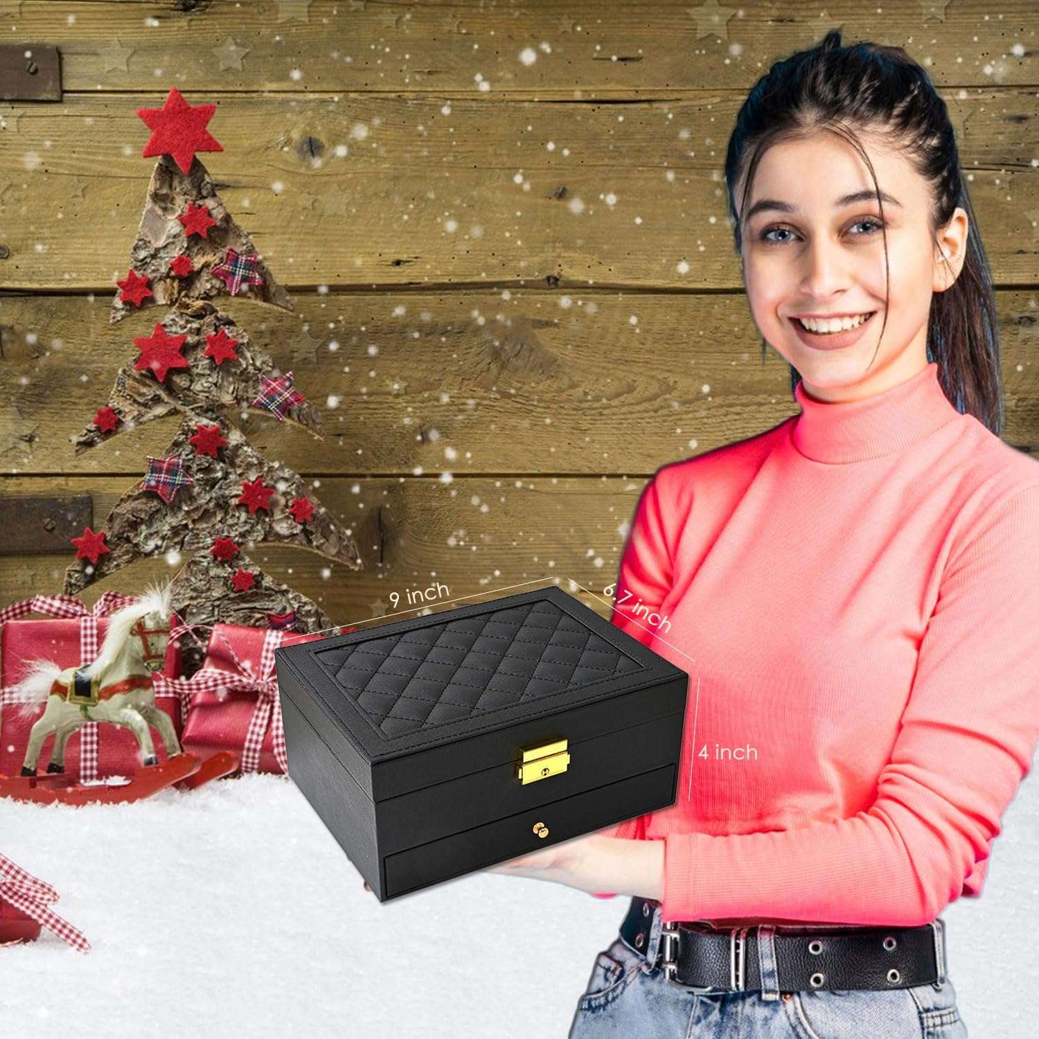 Jewelry Box for Women Girl Wife - Large PU Leather Jewelry Organizer Storage Case with Two Layers Display for Earrings Bracelets Rings Watches (Black) - 7