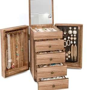 Meangood Jewelry Box Wood for Women, 5-Layer Large Organizer Box with Mirror & 4 Drawers for Rings, Earrings, Necklaces, Vintage Style Torched Wood - 1