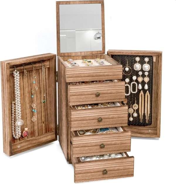 Meangood Jewelry Box Wood for Women, 5-Layer Large Organizer Box with Mirror & 4 Drawers for Rings, Earrings, Necklaces, Vintage Style Torched Wood - 1