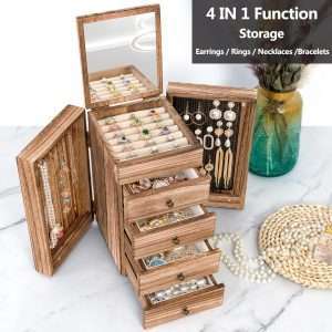 Meangood Jewelry Box Wood for Women, 5-Layer Large Organizer Box with Mirror & 4 Drawers for Rings, Earrings, Necklaces, Vintage Style Torched Wood - 2
