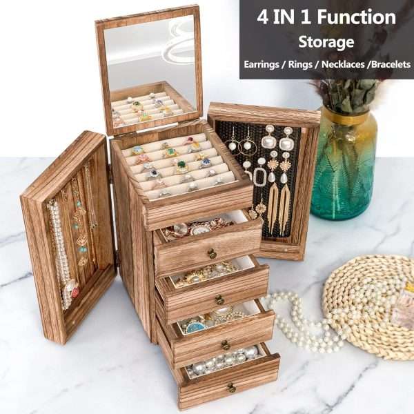 Meangood Jewelry Box Wood for Women, 5-Layer Large Organizer Box with Mirror & 4 Drawers for Rings, Earrings, Necklaces, Vintage Style Torched Wood - 2