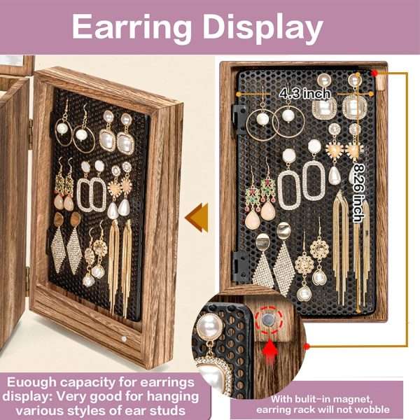 Meangood Jewelry Box Wood for Women, 5-Layer Large Organizer Box with Mirror & 4 Drawers for Rings, Earrings, Necklaces, Vintage Style Torched Wood - 3