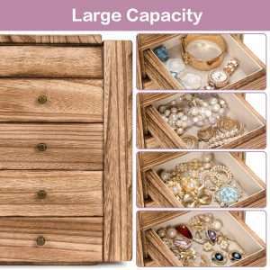Meangood Jewelry Box Wood for Women, 5-Layer Large Organizer Box with Mirror & 4 Drawers for Rings, Earrings, Necklaces, Vintage Style Torched Wood - 4