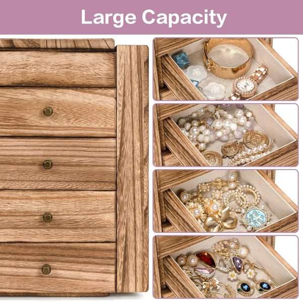 Meangood Jewelry Box Wood for Women, 5-Layer Large Organizer Box with Mirror & 4 Drawers for Rings, Earrings, Necklaces, Vintage Style Torched Wood - 4