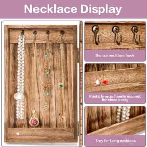 Meangood Jewelry Box Wood for Women, 5-Layer Large Organizer Box with Mirror & 4 Drawers for Rings, Earrings, Necklaces, Vintage Style Torched Wood - 5
