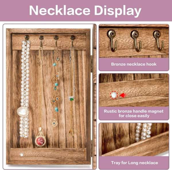 Meangood Jewelry Box Wood for Women, 5-Layer Large Organizer Box with Mirror & 4 Drawers for Rings, Earrings, Necklaces, Vintage Style Torched Wood - 5