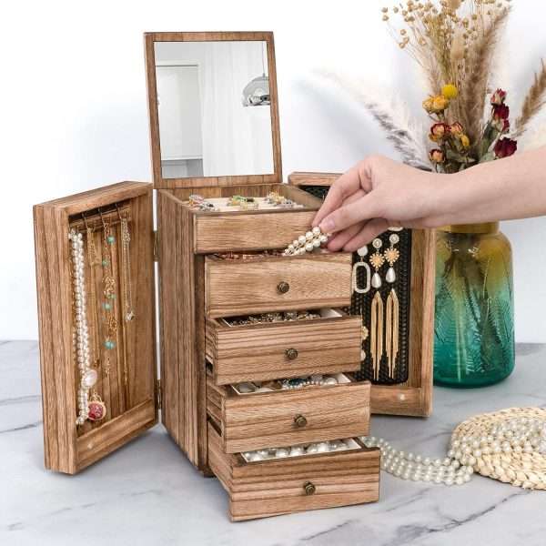 Meangood Jewelry Box Wood for Women, 5-Layer Large Organizer Box with Mirror & 4 Drawers for Rings, Earrings, Necklaces, Vintage Style Torched Wood - 6