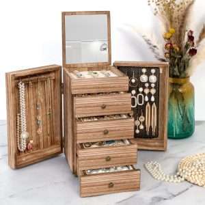 Meangood Jewelry Box Wood for Women, 5-Layer Large Organizer Box with Mirror & 4 Drawers for Rings, Earrings, Necklaces, Vintage Style Torched Wood - 7