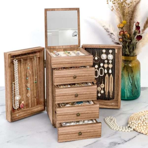 Meangood Jewelry Box Wood for Women, 5-Layer Large Organizer Box with Mirror & 4 Drawers for Rings, Earrings, Necklaces, Vintage Style Torched Wood - 7