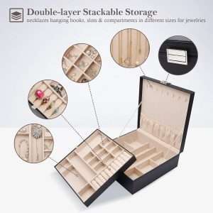 ProCase Jewelry Box for Women, 2 Layers Large Leather Jewelry Organizer Storage Case with Removable Pad for Earrings -Black - 2