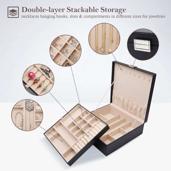 ProCase Jewelry Box for Women, 2 Layers Large Leather Jewelry Organizer Storage Case with Removable Pad for Earrings -Black - 2