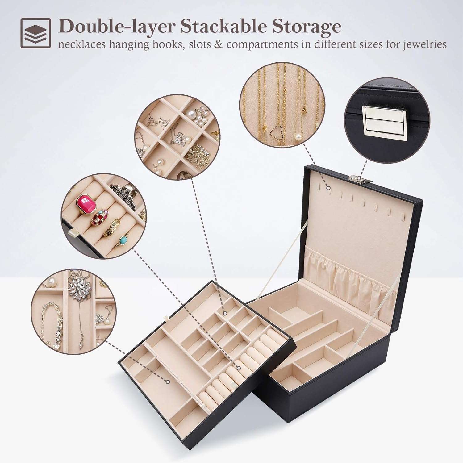 ProCase Jewelry Box for Women, 2 Layers Large Leather Jewelry Organizer Storage Case with Removable Pad for Earrings -Black - 2