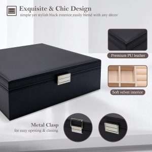 ProCase Jewelry Box for Women, 2 Layers Large Leather Jewelry Organizer Storage Case with Removable Pad for Earrings -Black - 4