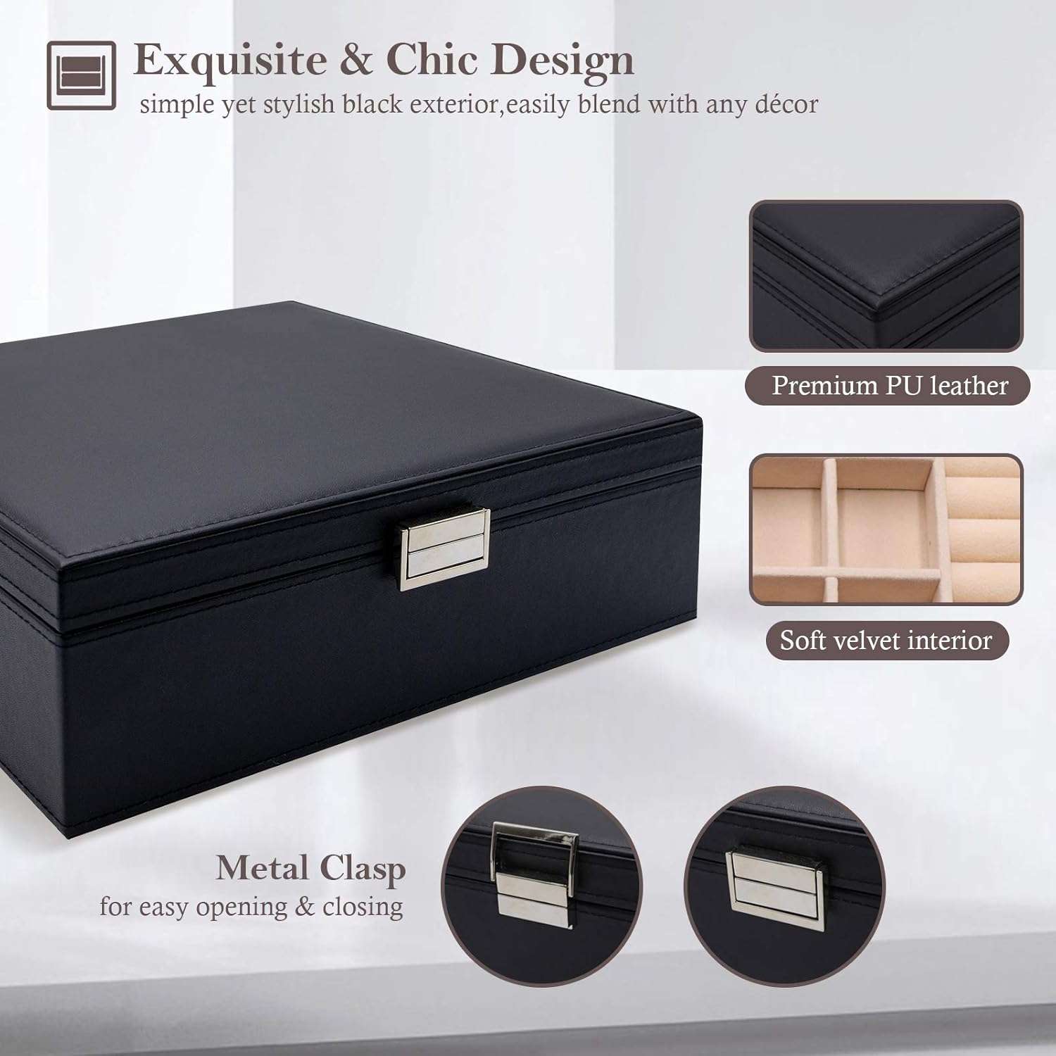 ProCase Jewelry Box for Women, 2 Layers Large Leather Jewelry Organizer Storage Case with Removable Pad for Earrings -Black - 4