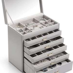 Vlando 6 Tier Large Jewelry Box for Women - Big Jewelry Organizer with Mirror, Jewelry Box Organizer for Drawer Necklace Ring Bracelet and Watch, Gift for Loved Ones Gray - 1