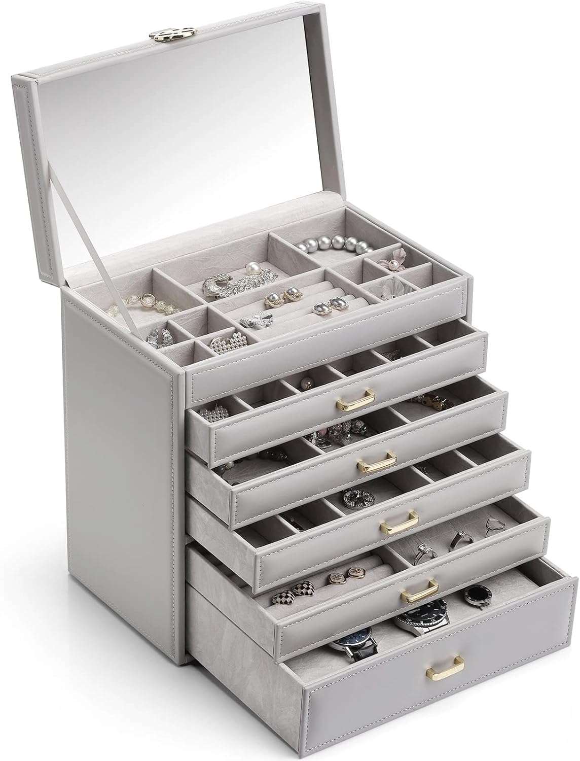 Vlando 6 Tier Large Jewelry Box for Women - Big Jewelry Organizer with Mirror, Jewelry Box Organizer for Drawer Necklace Ring Bracelet and Watch, Gift for Loved Ones Gray - 1