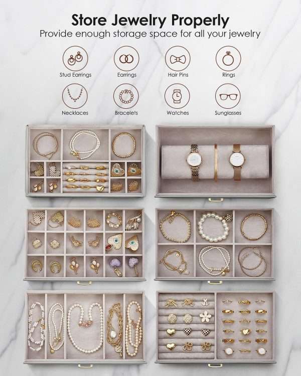 Vlando 6 Tier Large Jewelry Box for Women - Big Jewelry Organizer with Mirror, Jewelry Box Organizer for Drawer Necklace Ring Bracelet and Watch, Gift for Loved Ones Gray - 2