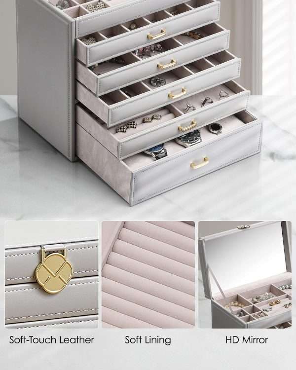Vlando 6 Tier Large Jewelry Box for Women - Big Jewelry Organizer with Mirror, Jewelry Box Organizer for Drawer Necklace Ring Bracelet and Watch, Gift for Loved Ones Gray - 3
