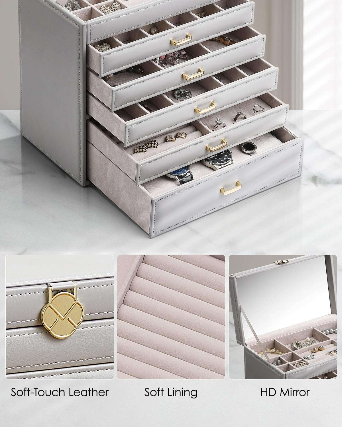 Vlando 6 Tier Large Jewelry Box for Women - Big Jewelry Organizer with Mirror, Jewelry Box Organizer for Drawer Necklace Ring Bracelet and Watch, Gift for Loved Ones Gray - 3