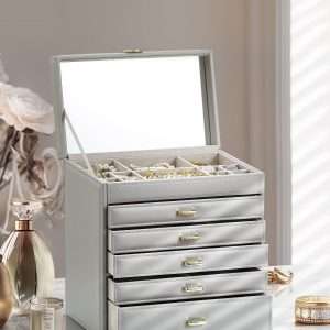 Vlando 6 Tier Large Jewelry Box for Women - Big Jewelry Organizer with Mirror, Jewelry Box Organizer for Drawer Necklace Ring Bracelet and Watch, Gift for Loved Ones Gray - 5
