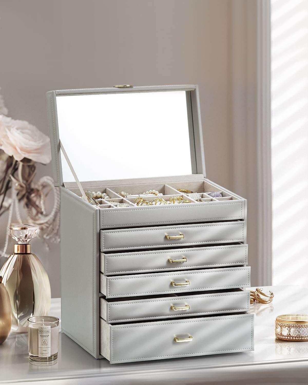 Vlando 6 Tier Large Jewelry Box for Women - Big Jewelry Organizer with Mirror, Jewelry Box Organizer for Drawer Necklace Ring Bracelet and Watch, Gift for Loved Ones Gray - 5