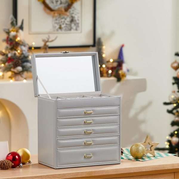 Vlando 6 Tier Large Jewelry Box for Women - Big Jewelry Organizer with Mirror, Jewelry Box Organizer for Drawer Necklace Ring Bracelet and Watch, Gift for Loved Ones Gray - 6