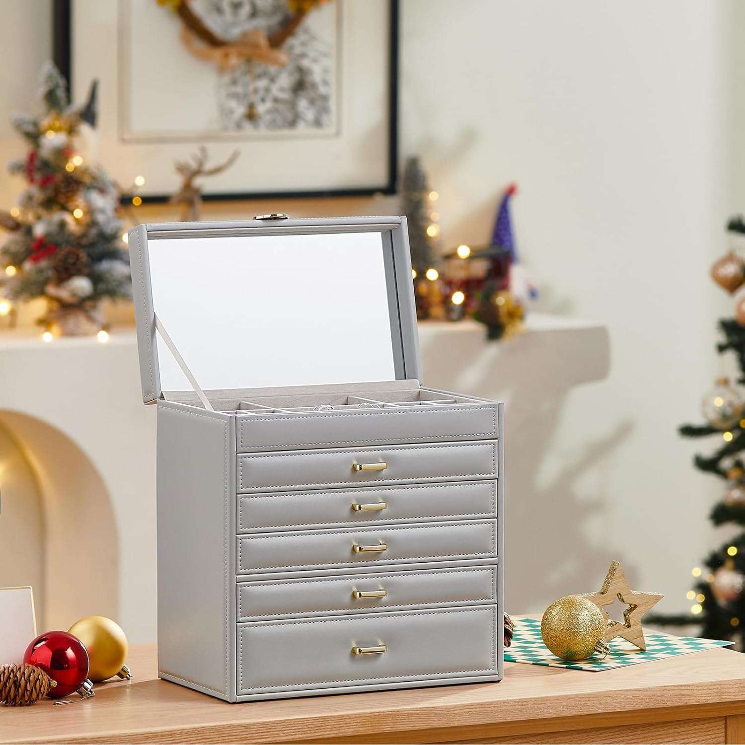 Vlando 6 Tier Large Jewelry Box for Women - Big Jewelry Organizer with Mirror, Jewelry Box Organizer for Drawer Necklace Ring Bracelet and Watch, Gift for Loved Ones Gray - 6
