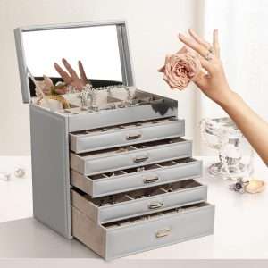 Vlando 6 Tier Large Jewelry Box for Women - Big Jewelry Organizer with Mirror, Jewelry Box Organizer for Drawer Necklace Ring Bracelet and Watch, Gift for Loved Ones Gray - 7