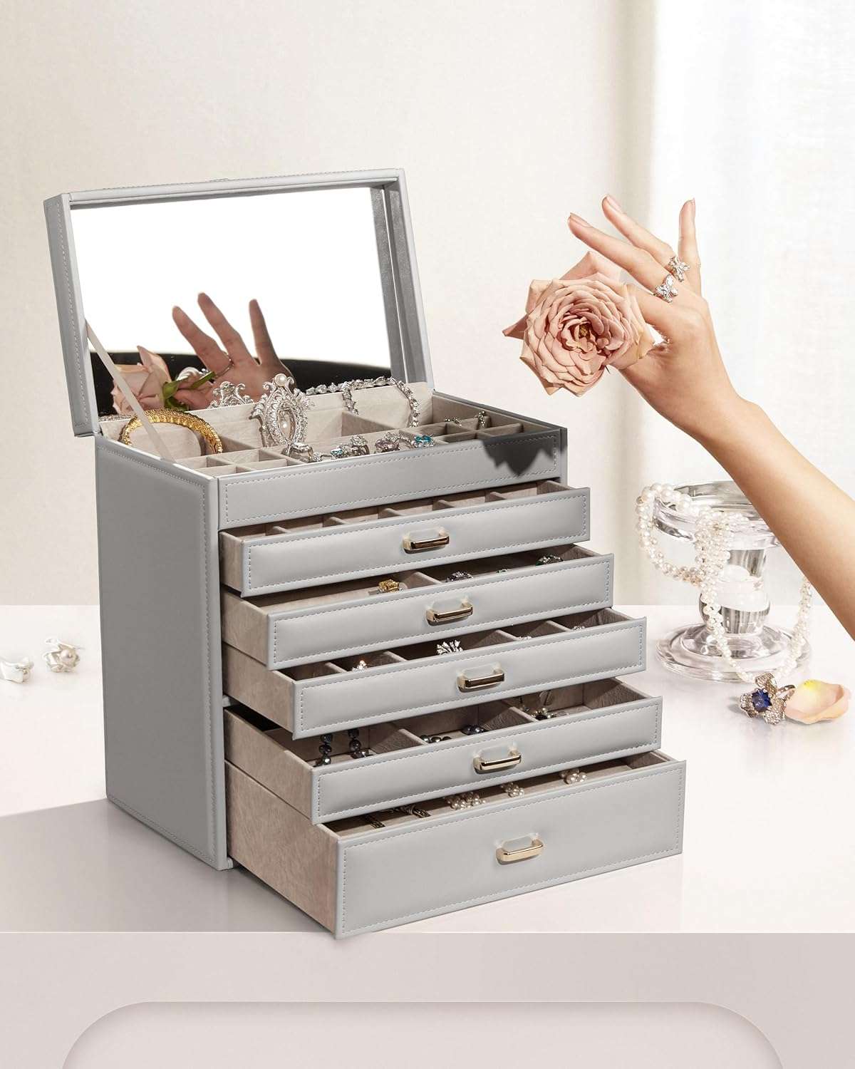 Vlando 6 Tier Large Jewelry Box for Women - Big Jewelry Organizer with Mirror, Jewelry Box Organizer for Drawer Necklace Ring Bracelet and Watch, Gift for Loved Ones Gray - 7