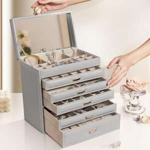 Vlando 6 Tier Large Jewelry Box for Women - Big Jewelry Organizer with Mirror, Jewelry Box Organizer for Drawer Necklace Ring Bracelet and Watch, Gift for Loved Ones Gray - 8