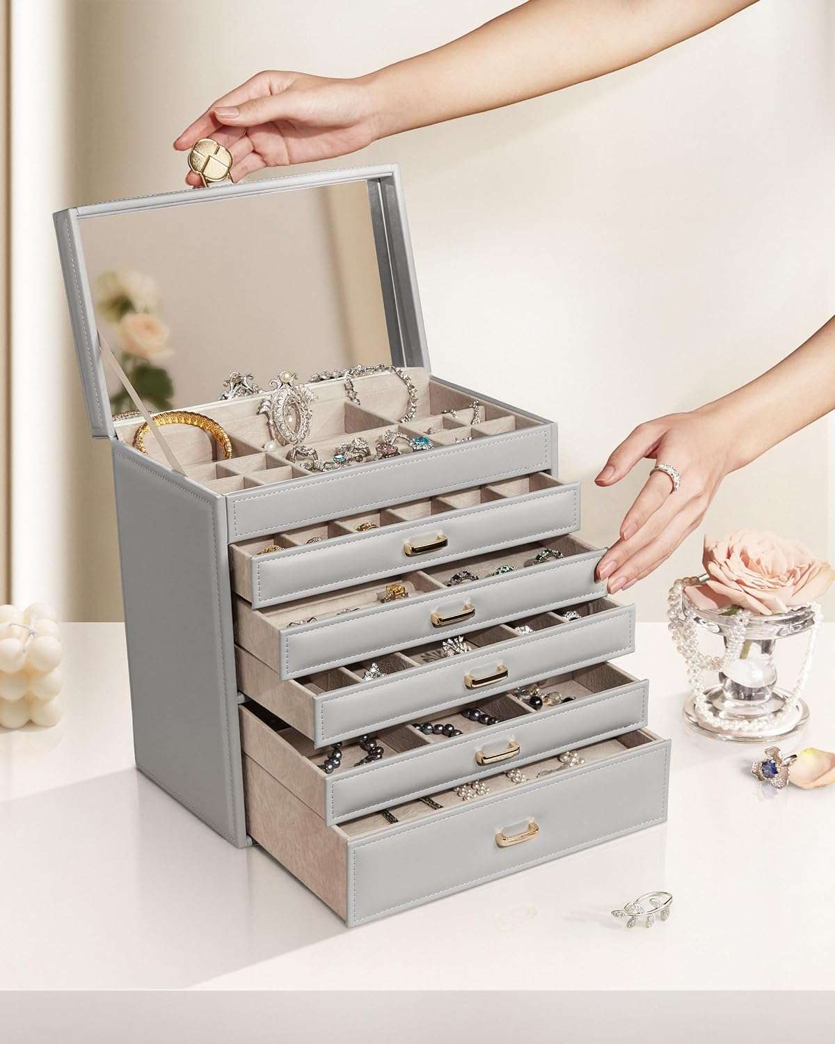 Vlando 6 Tier Large Jewelry Box for Women - Big Jewelry Organizer with Mirror, Jewelry Box Organizer for Drawer Necklace Ring Bracelet and Watch, Gift for Loved Ones Gray - 8
