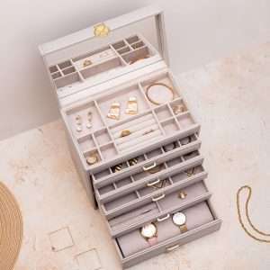Vlando 6 Tier Large Jewelry Box for Women - Big Jewelry Organizer with Mirror, Jewelry Box Organizer for Drawer Necklace Ring Bracelet and Watch, Gift for Loved Ones Gray - 9